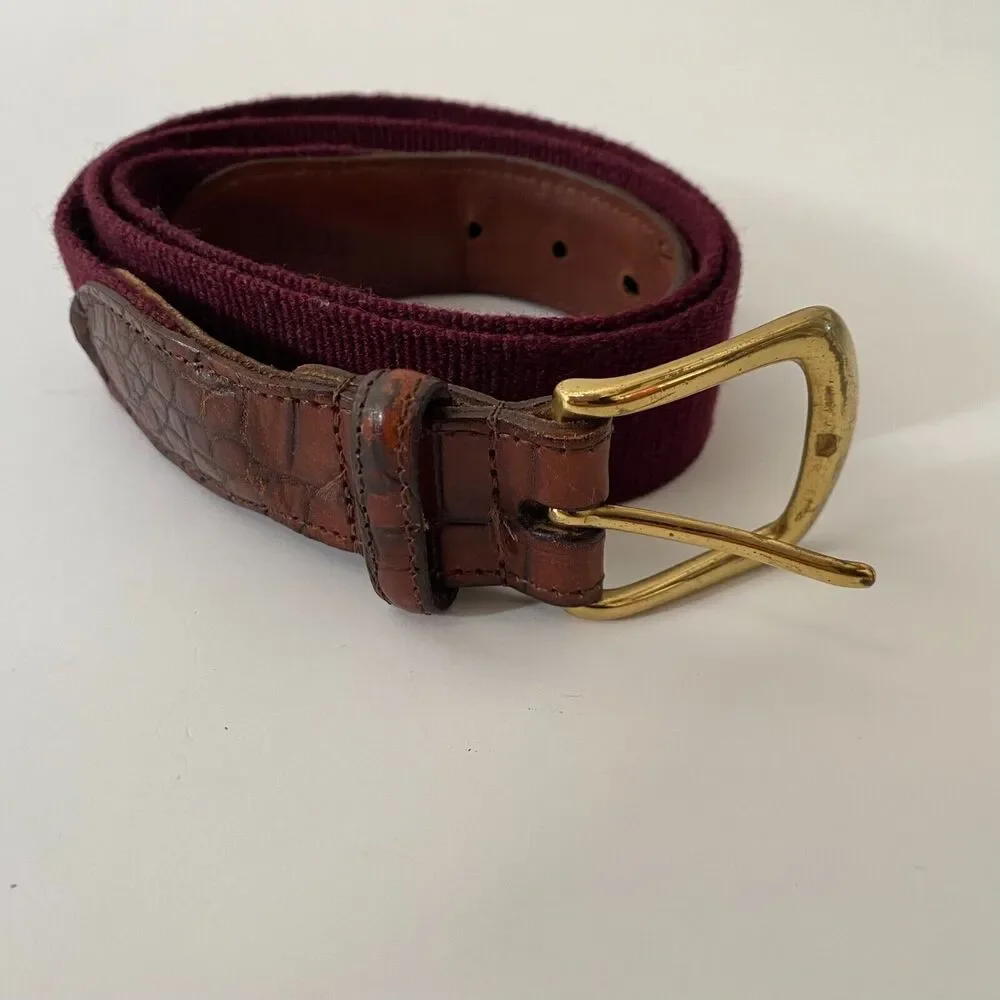 Men's Belt Burgundy Red Classic Canvas & Brown Leather Siz 34 Solid Brass Buckle